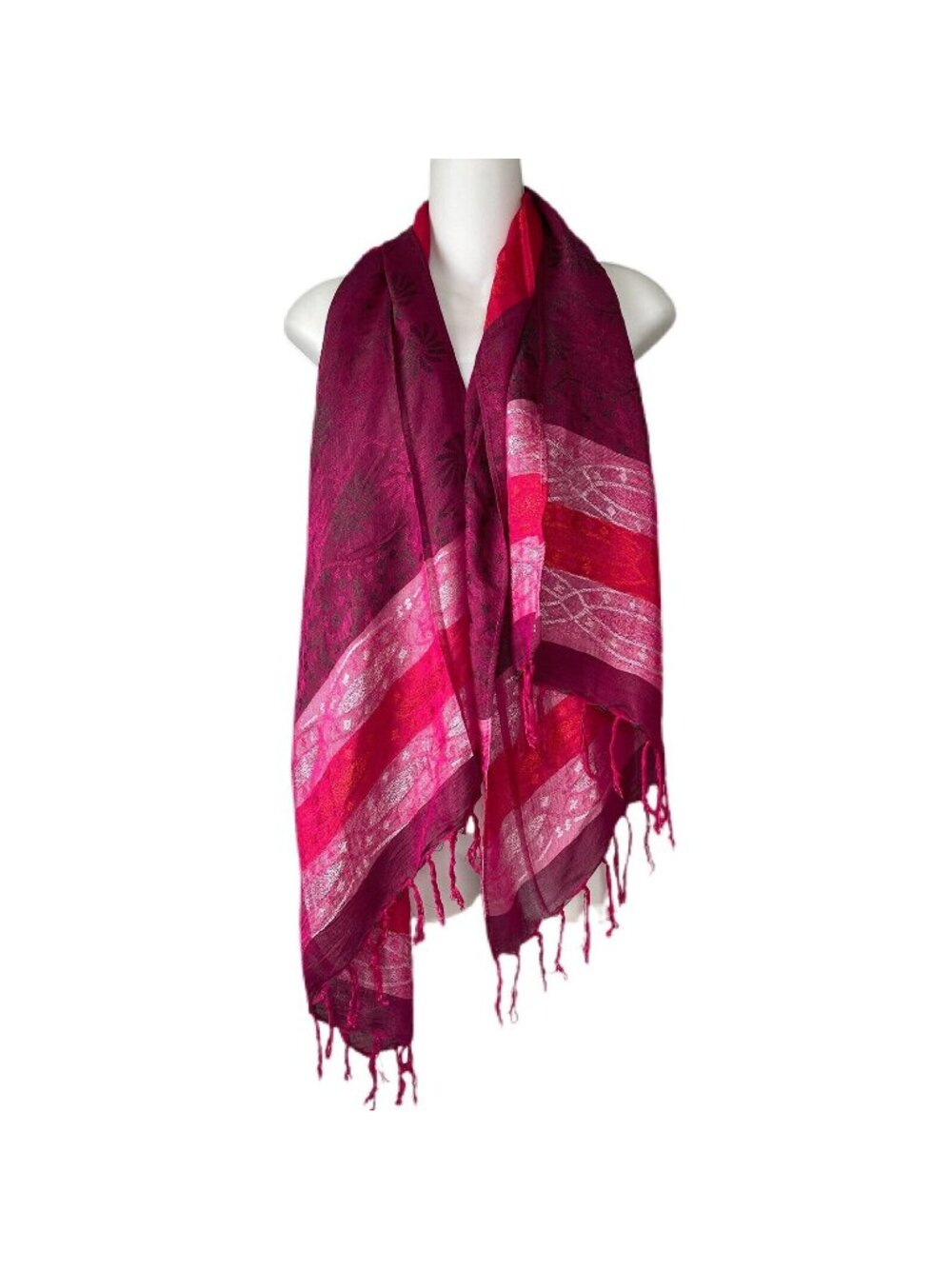 Striped Women’s Scarf Fuchsia Red Pink Multicolor Lightweight Woven Fringe Edge